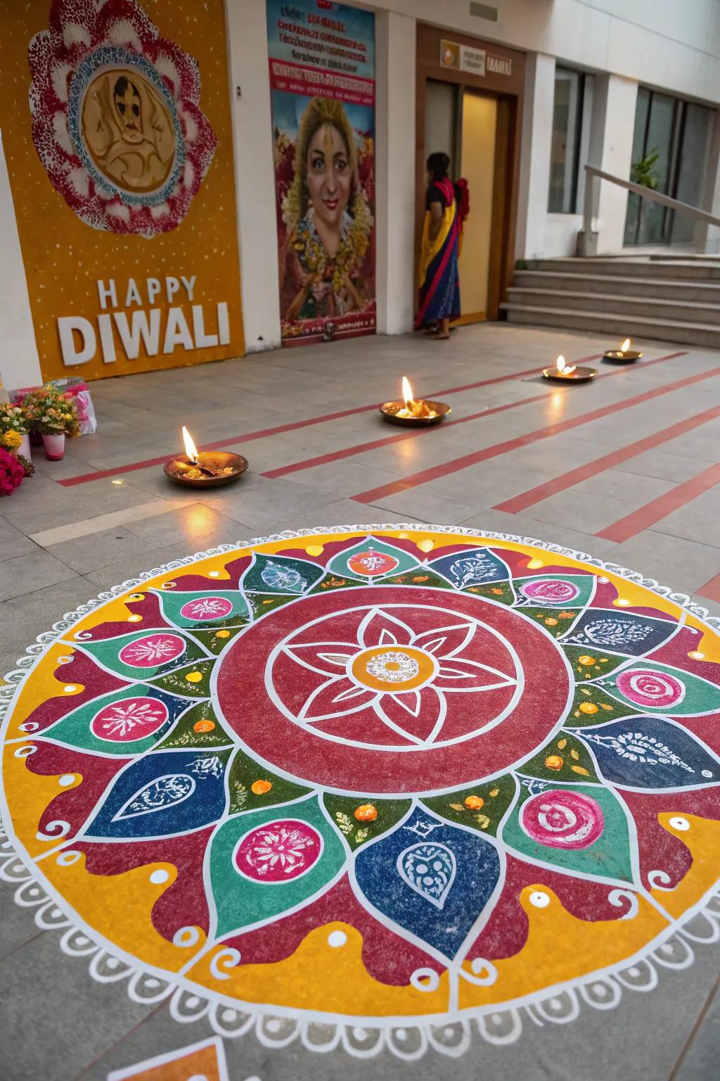 Diwali poster featuring bright and colorful floor art patterns.