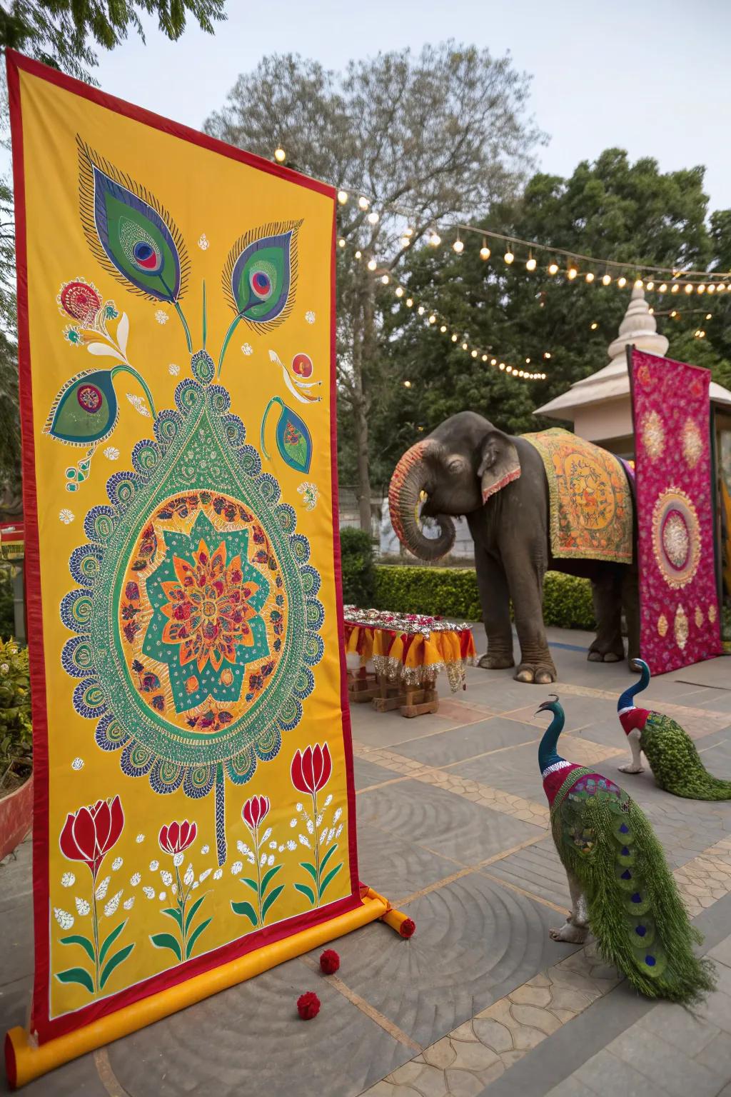 Diwali poster featuring timeless cultural symbols like elephants and peacocks.