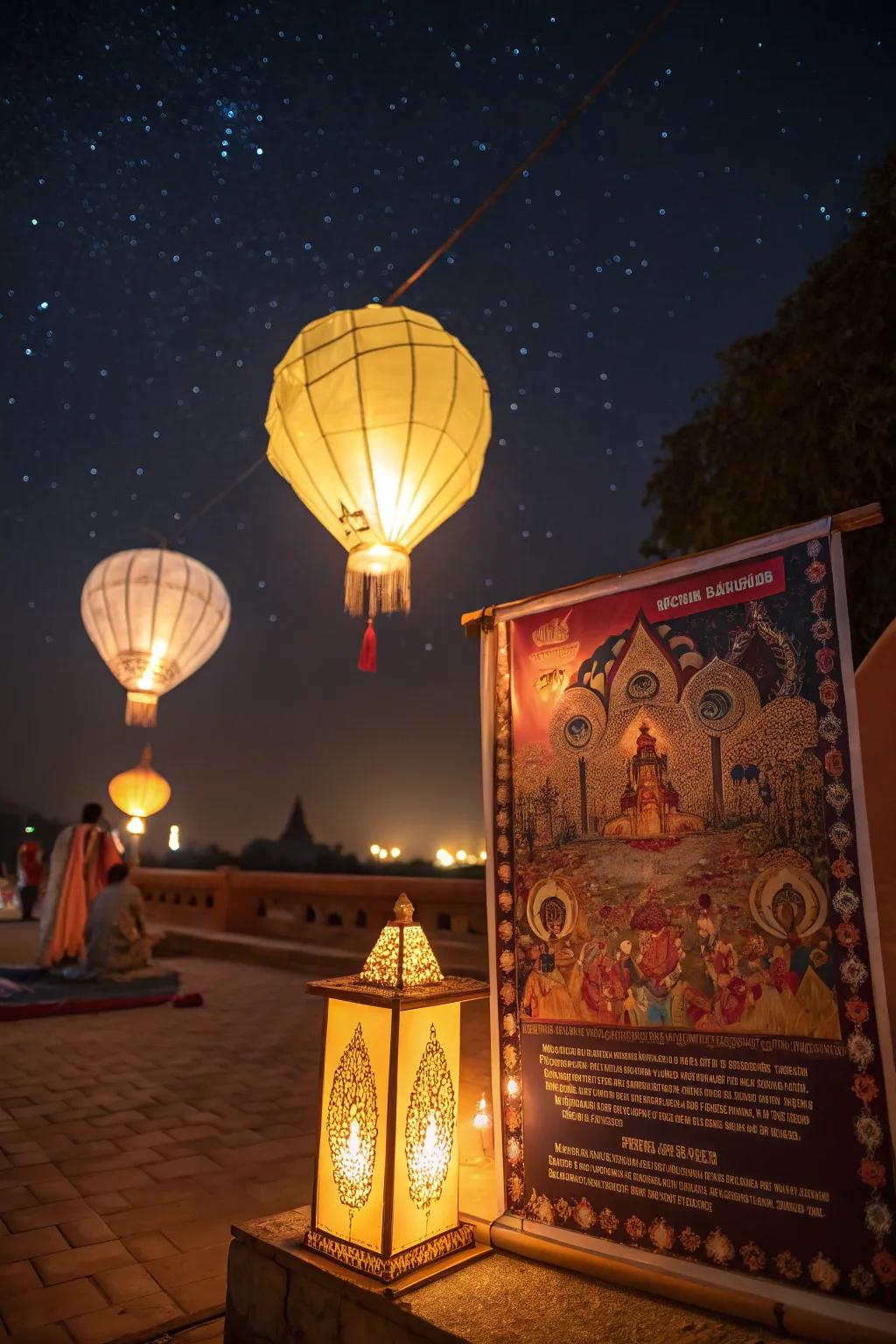Captivating Diwali poster featuring glowing hanging lights against a night sky.