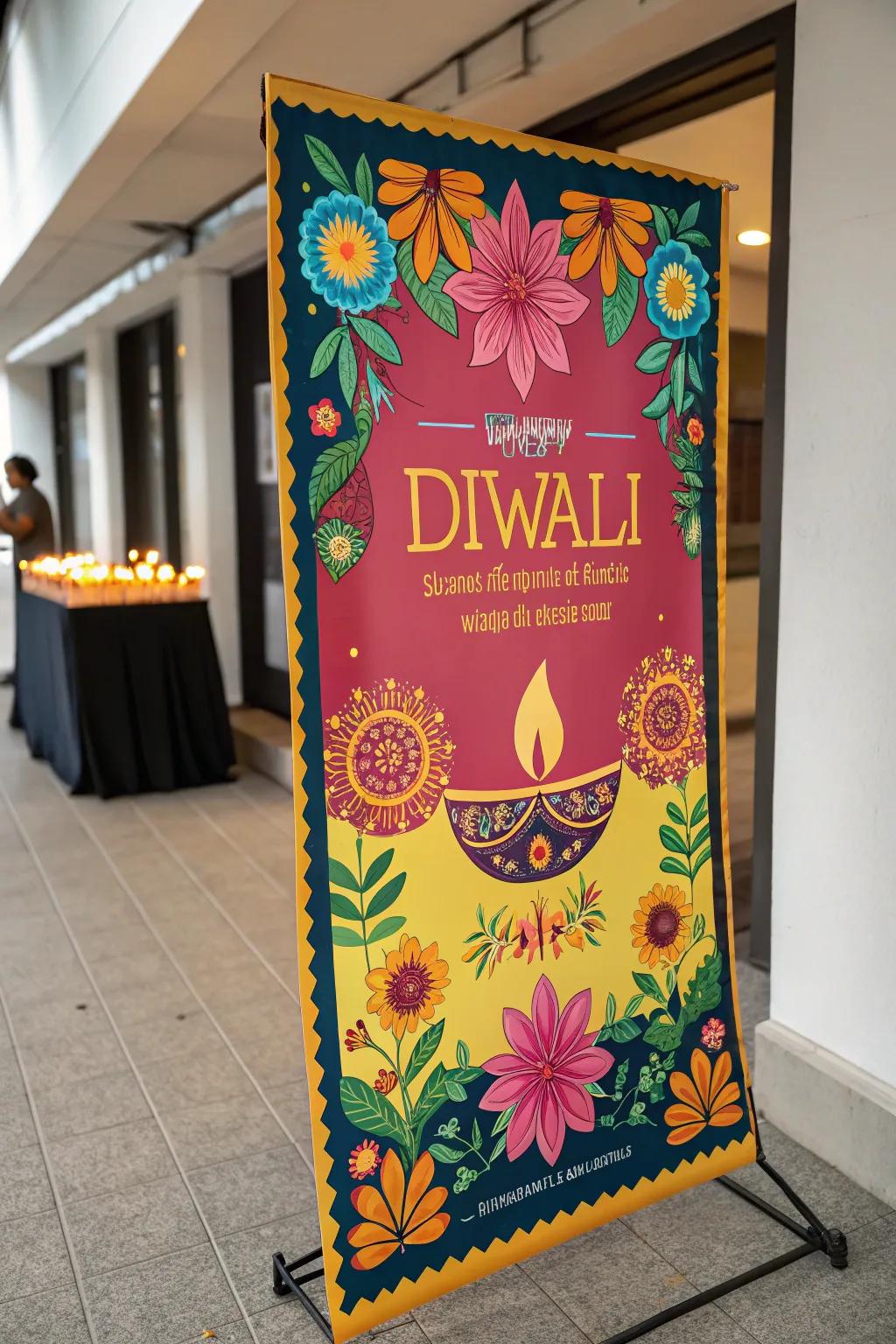 Bright Diwali poster adorned with floral motifs and rich hues.
