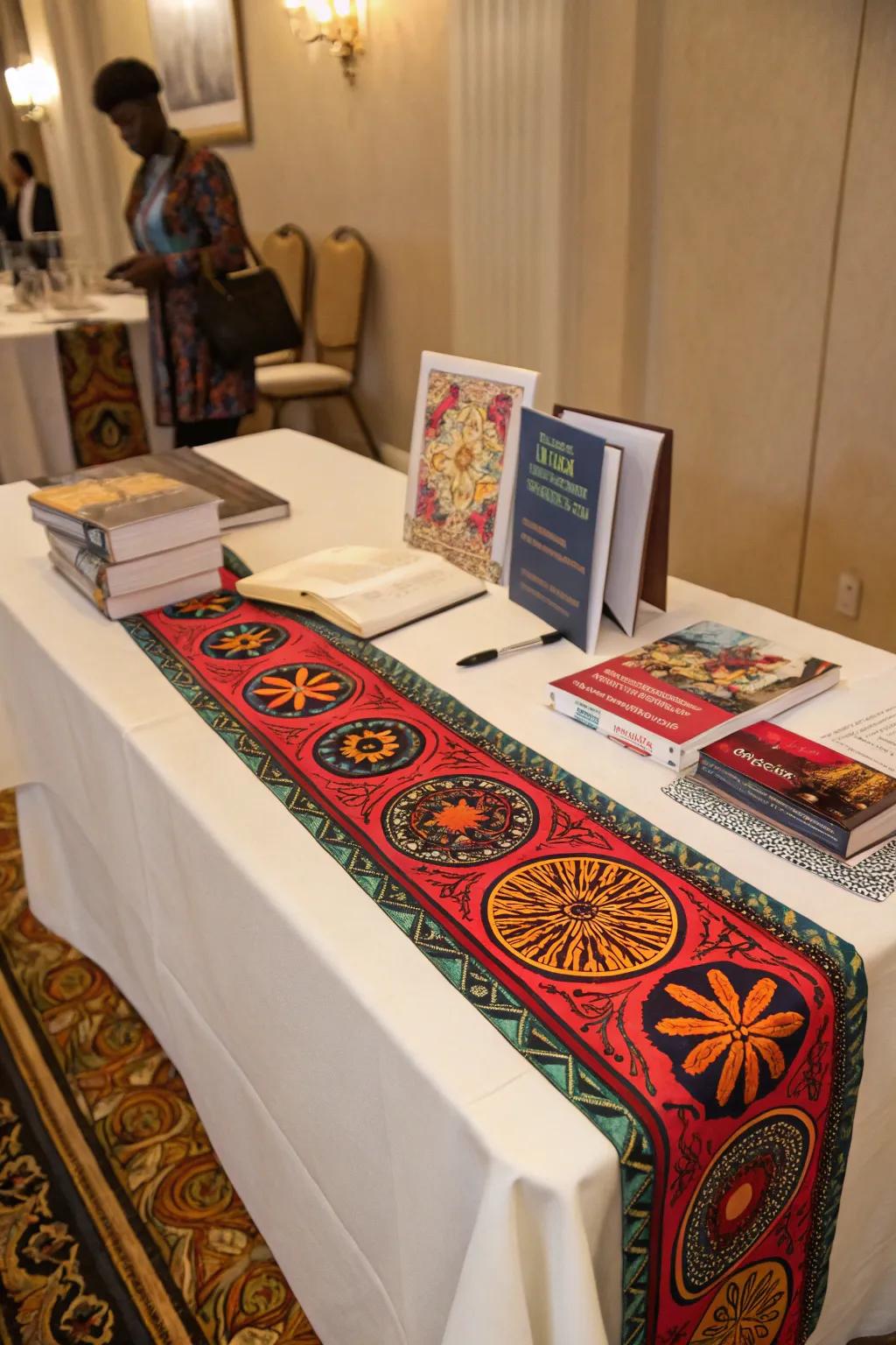 A table runner adds color and pattern.
