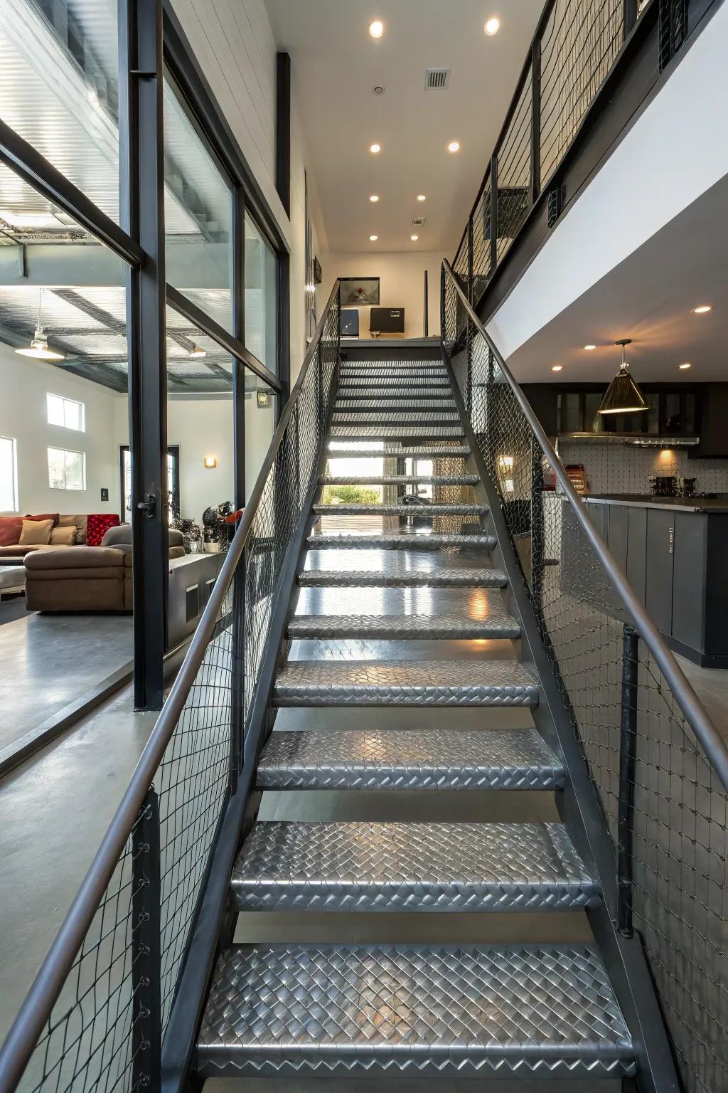 Metal stairs adding an industrial vibe.