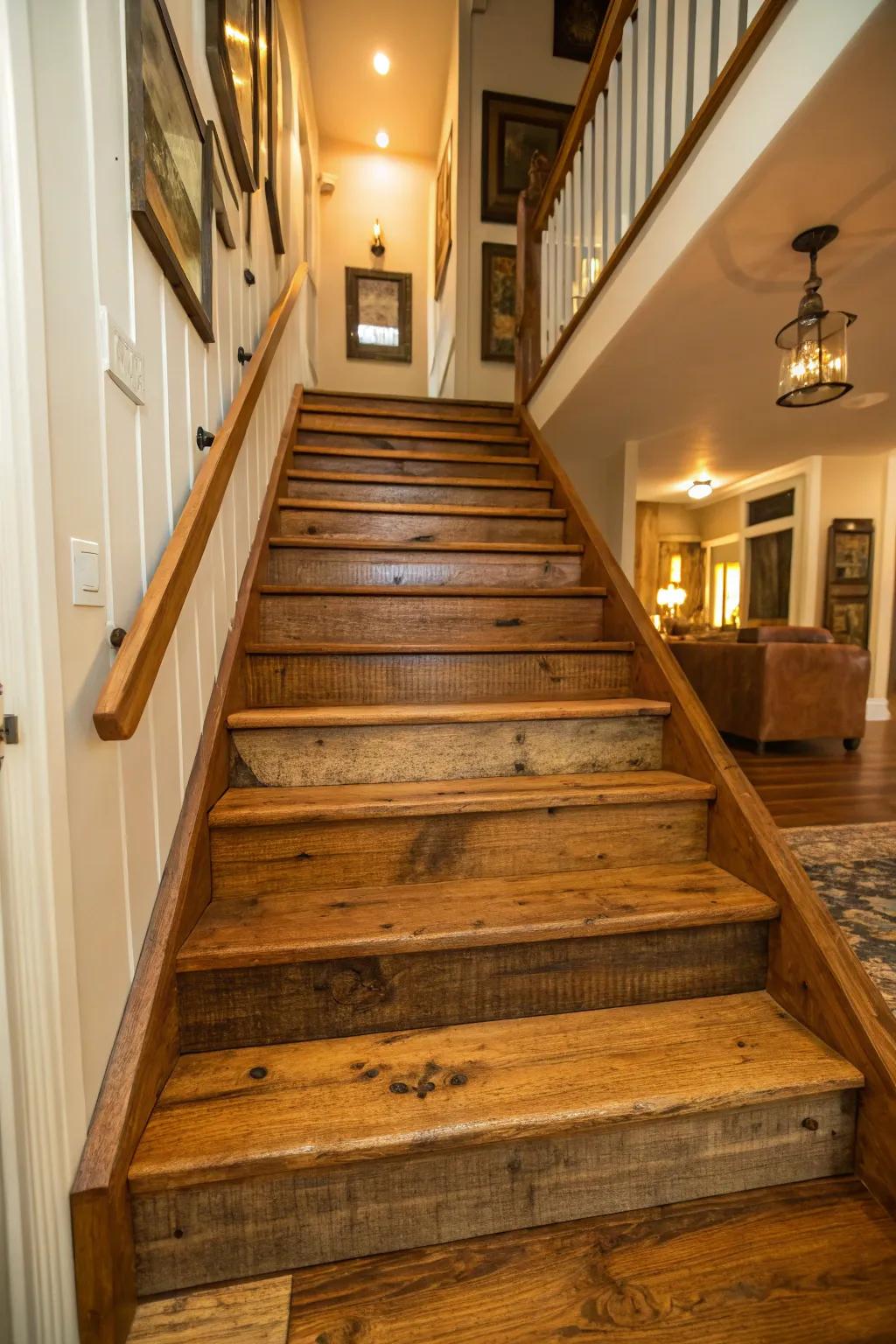 Reclaimed wood stairs adding character and history.