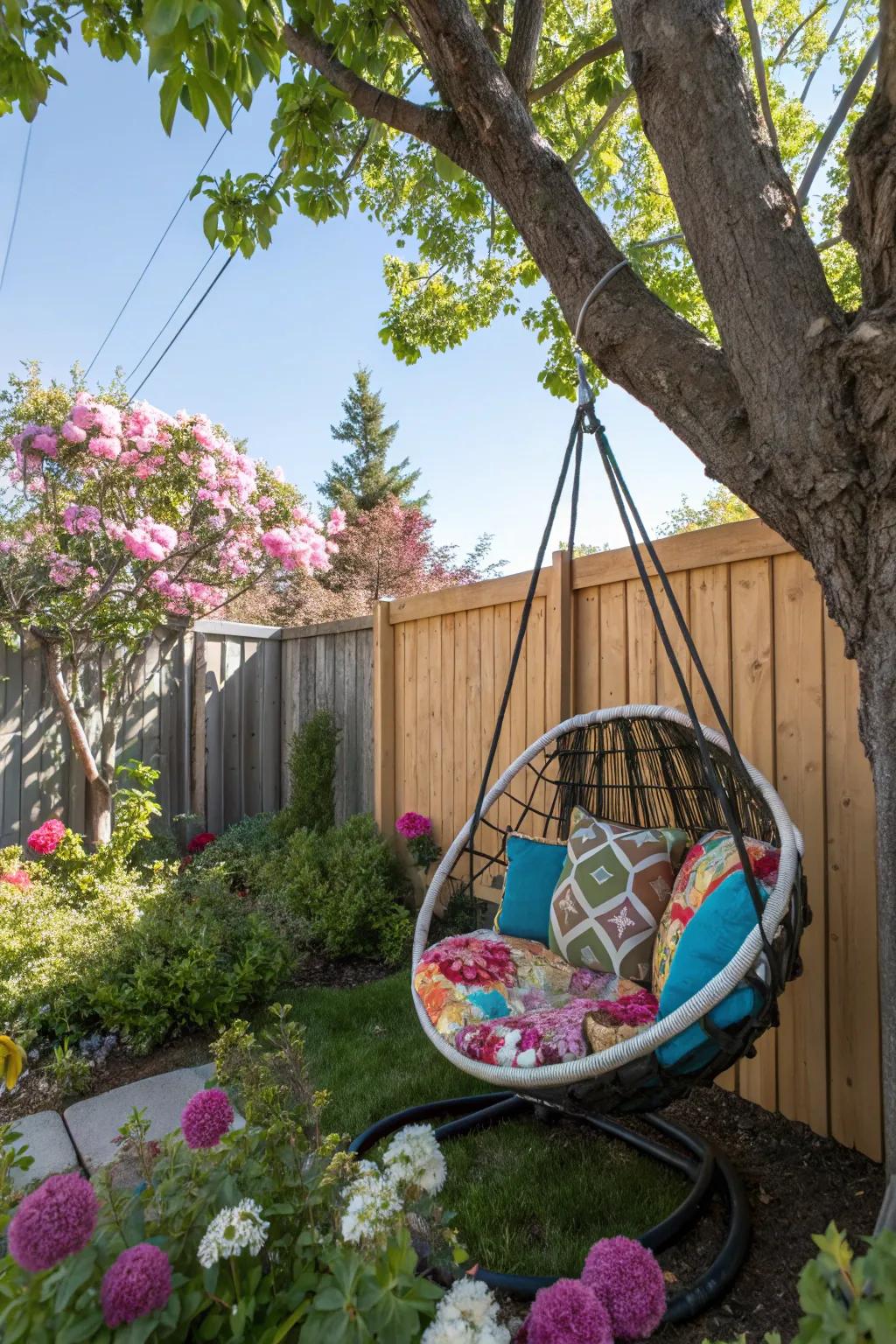 Hanging chairs offer a unique and relaxing seating option.