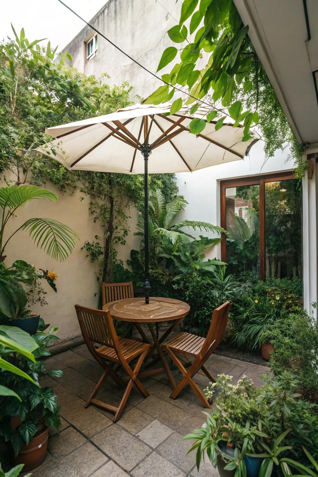 Retractable umbrellas provide adaptable shade.