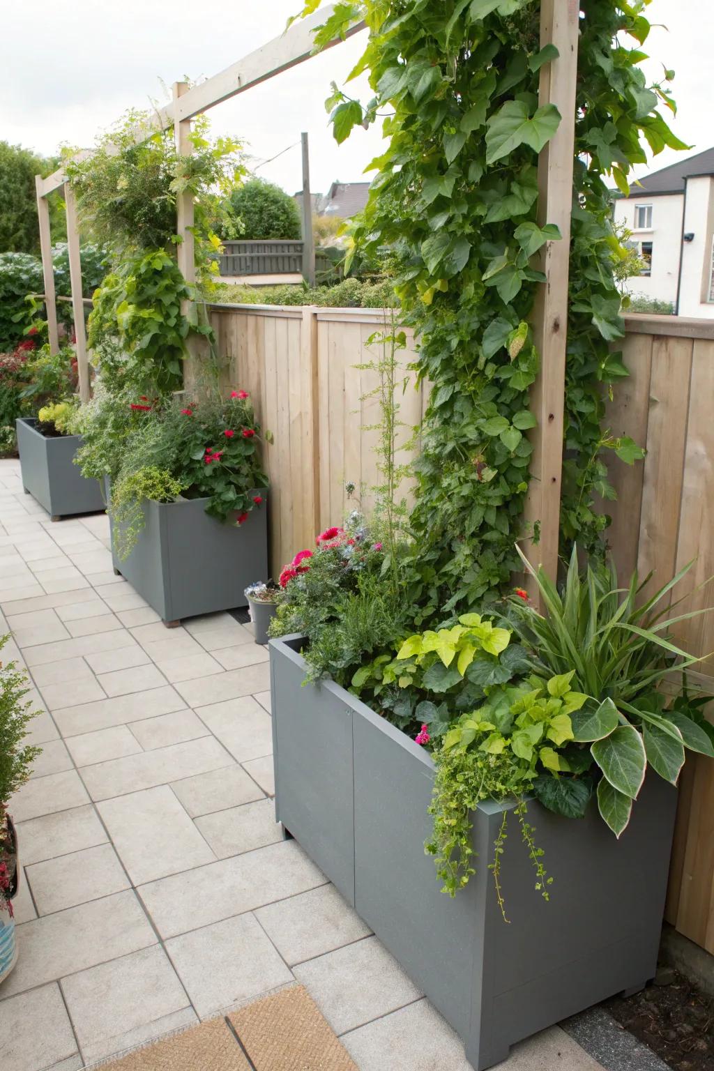 Planters create natural boundaries and add greenery.