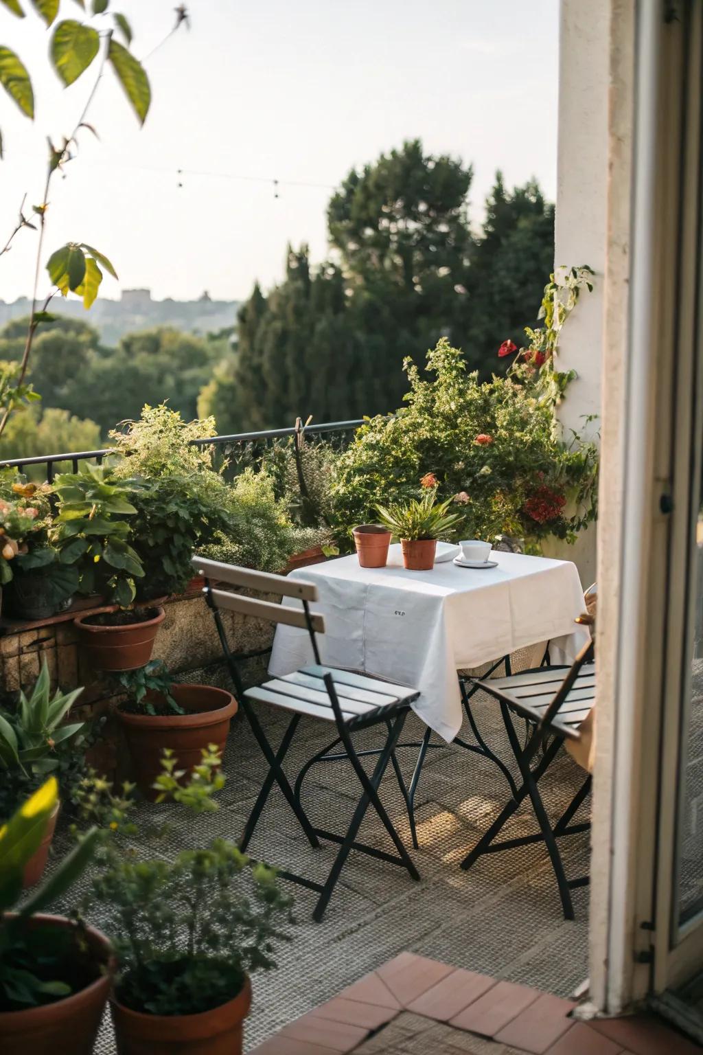 Foldable tables offer practical solutions for small outdoor areas.