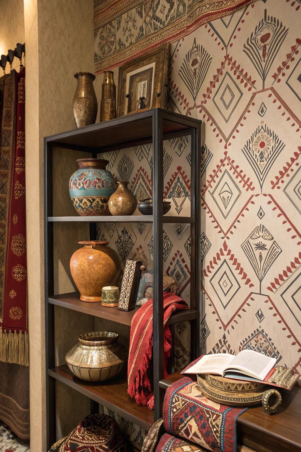 Bookshelf featuring ethnic pattern wallpaper, adding cultural richness.