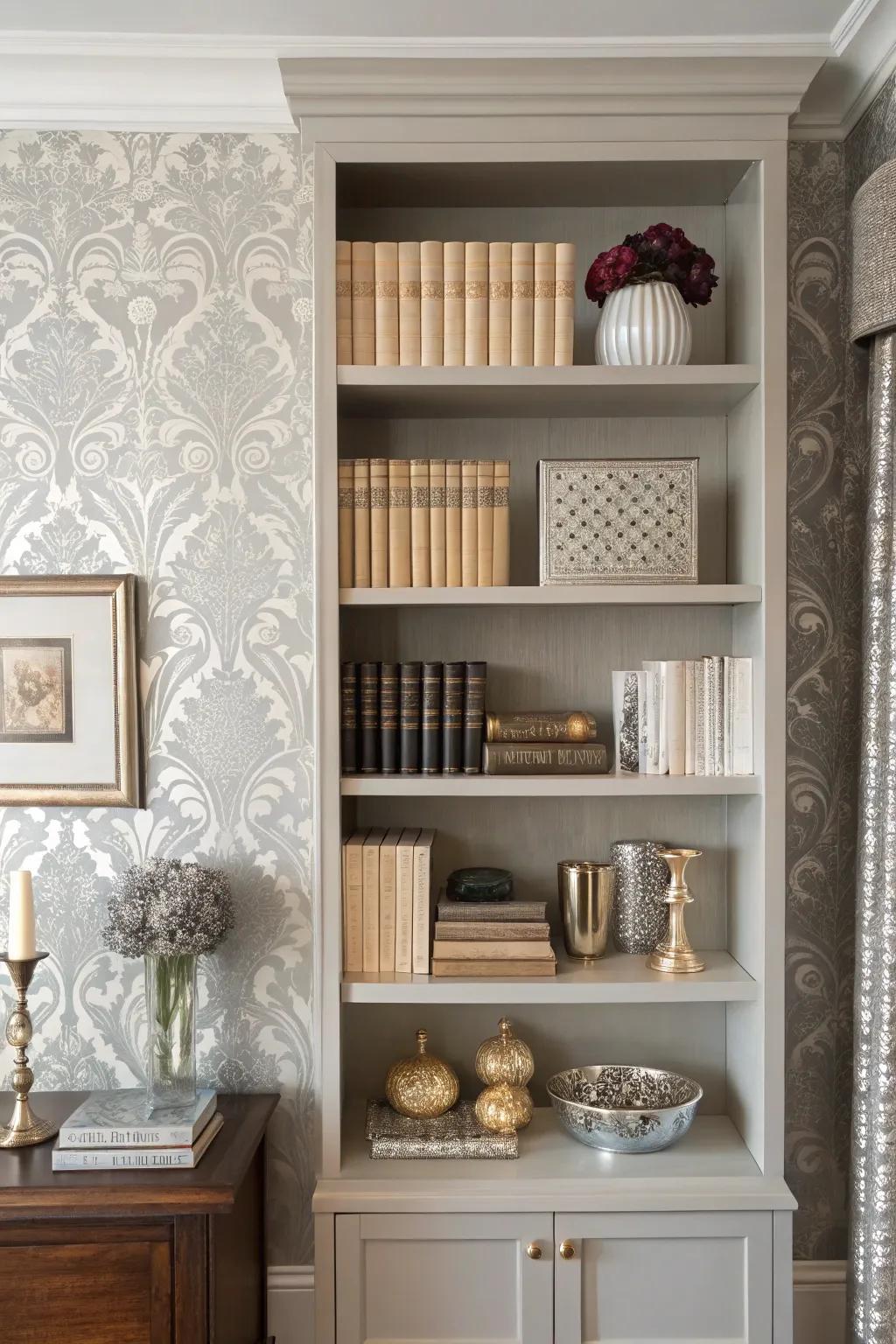 Bookshelf with silver damask wallpaper, exuding classic sophistication.