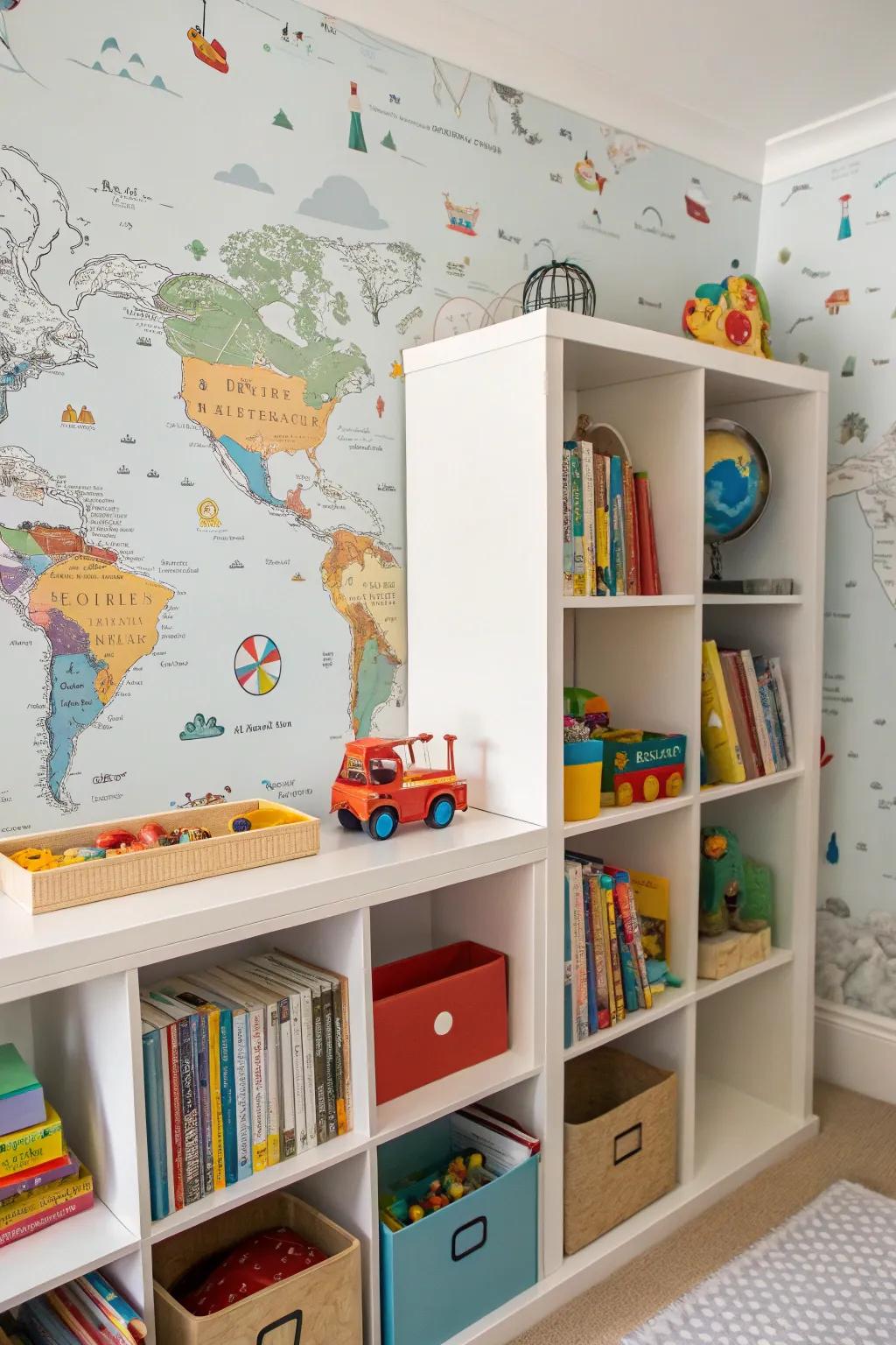 Children's bookshelf featuring fun map wallpaper, sparking curiosity.