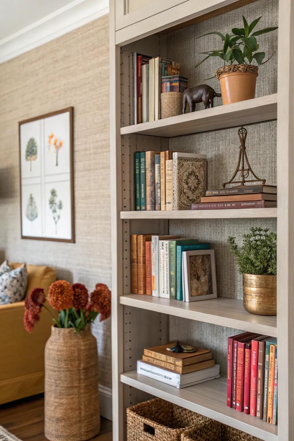 Bookshelf decorated with textured grasscloth wallpaper, creating a cozy and inviting feel.
