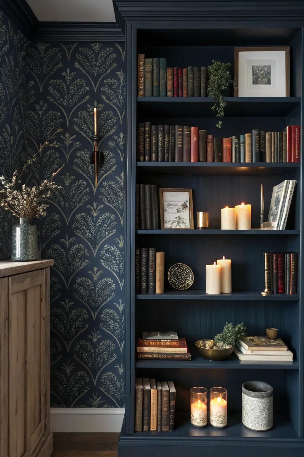 Bookshelf with deep navy wallpaper, offering a dramatic and elegant atmosphere.
