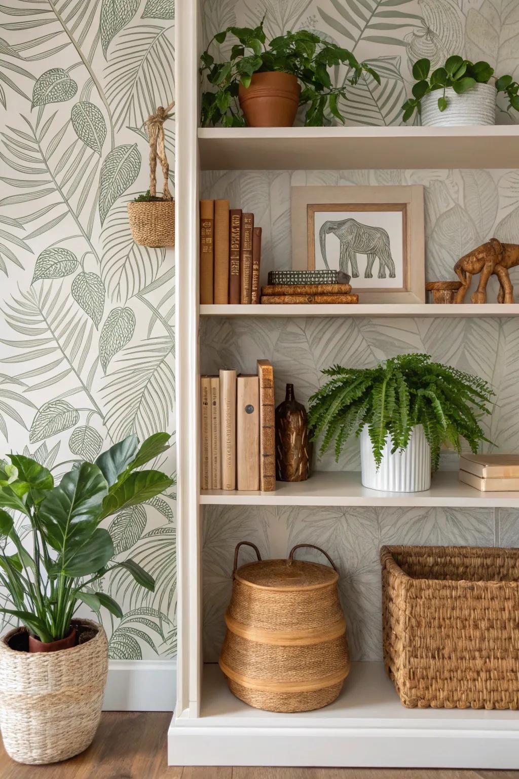 Bookshelf with leaf-patterned wallpaper, creating a peaceful and natural atmosphere.