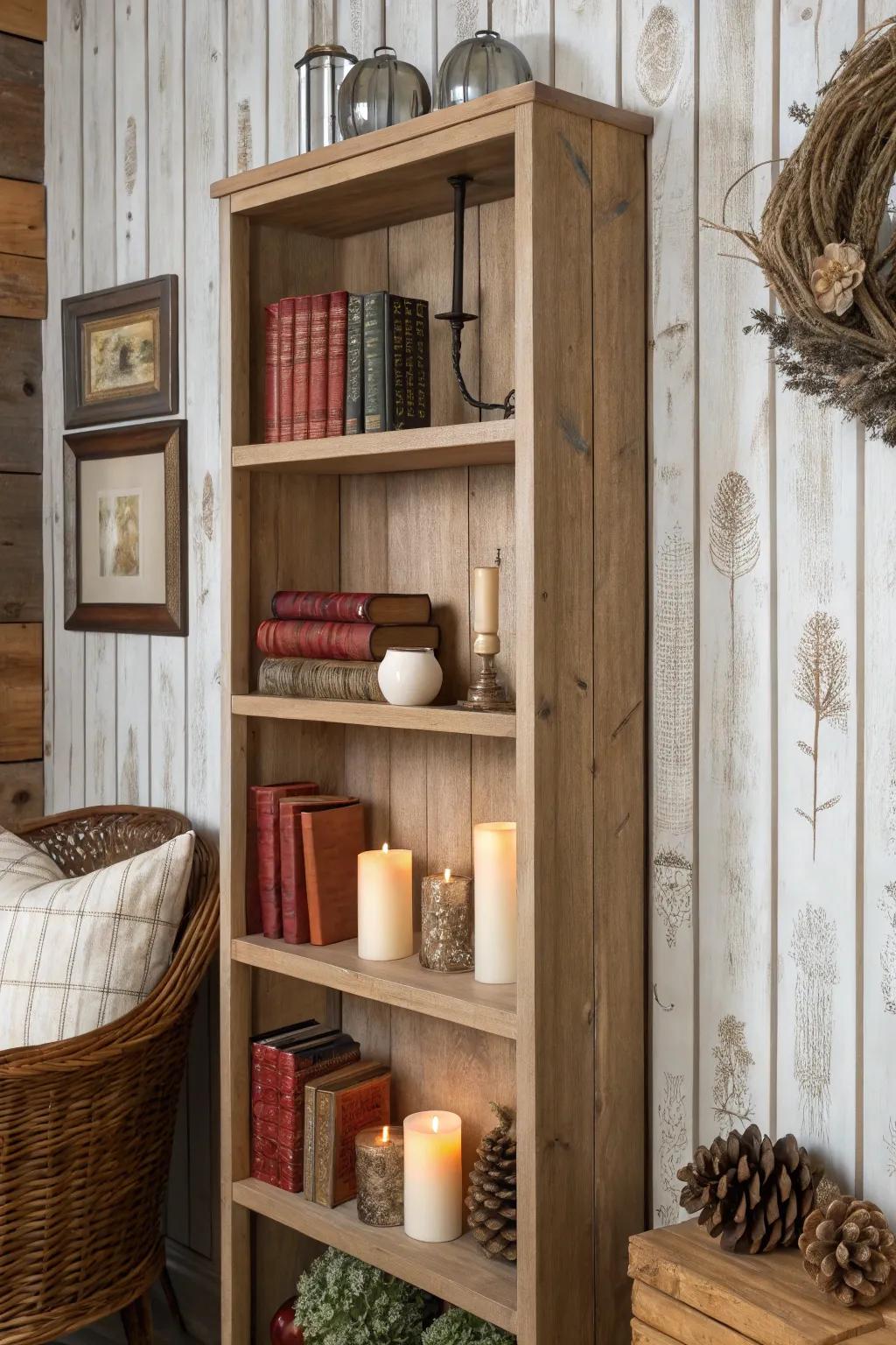 Bookshelf with wood-look wallpaper, creating a cozy rustic atmosphere.