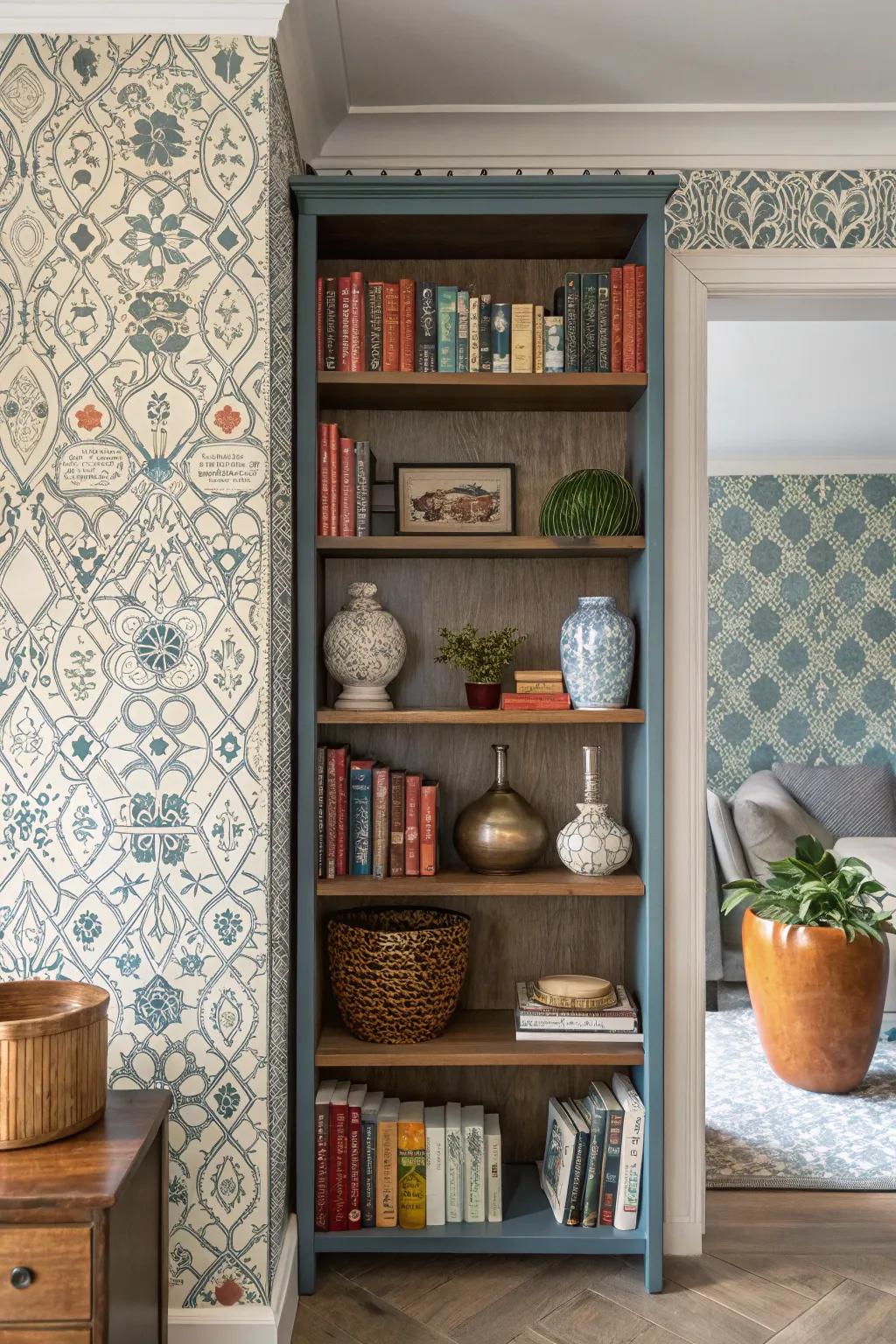 Bookshelf with a variety of patterned wallpapers, creating an eclectic look.