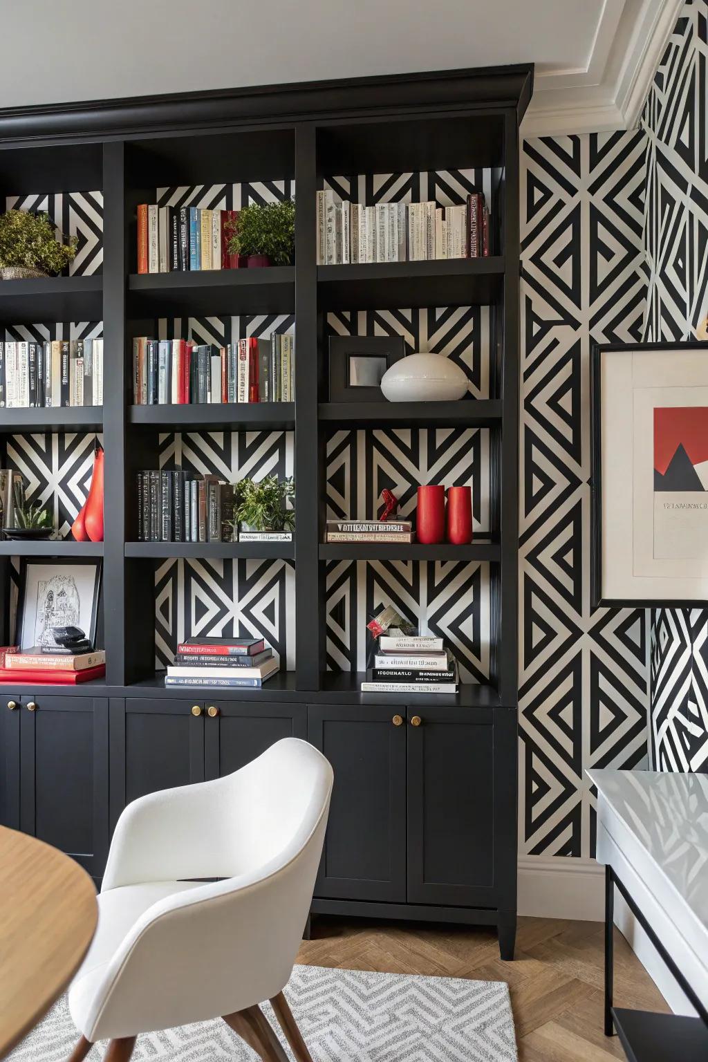 Bookshelf with striking black and white geometric wallpaper.
