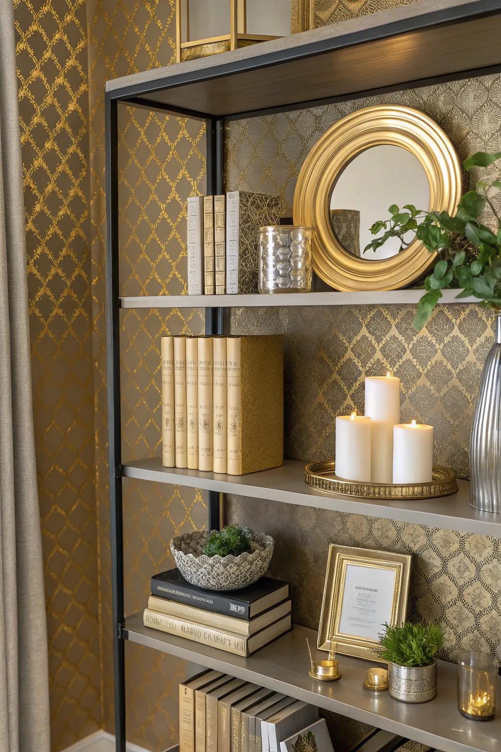 Bookshelf with subtle gold metallic wallpaper, adding a luxurious touch.
