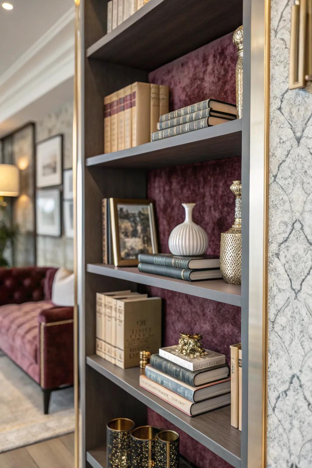 Bookshelf with velvet-effect wallpaper, adding a rich and luxurious feel.