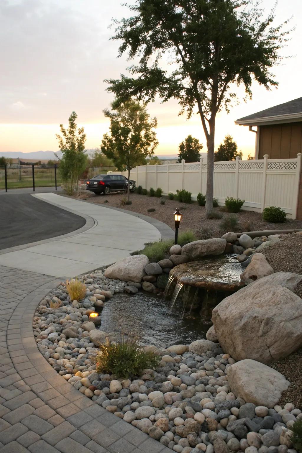 A tranquil water feature enhancing driveway ambiance.