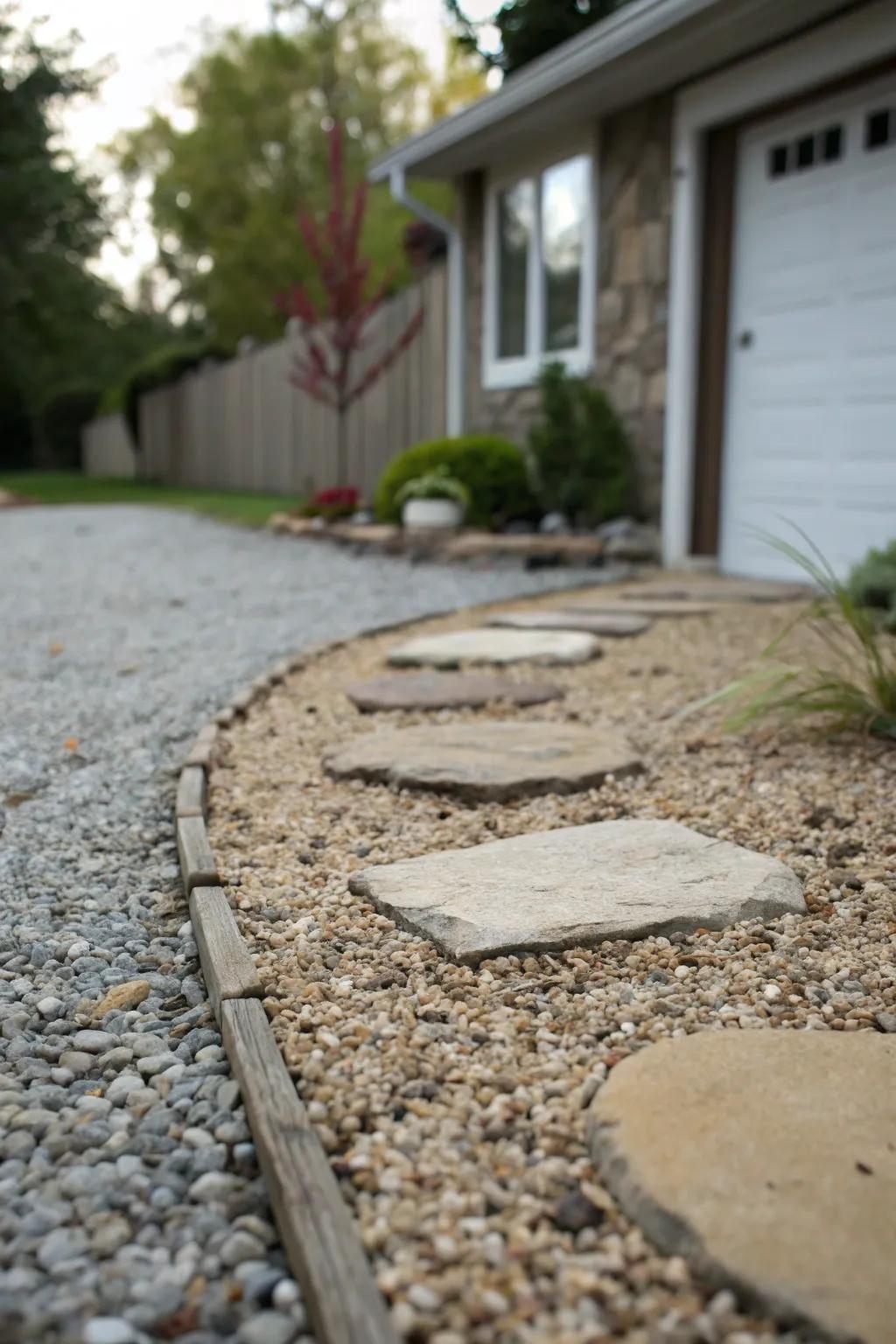 Gravel and stepping stones forming a charming permeable driveway.