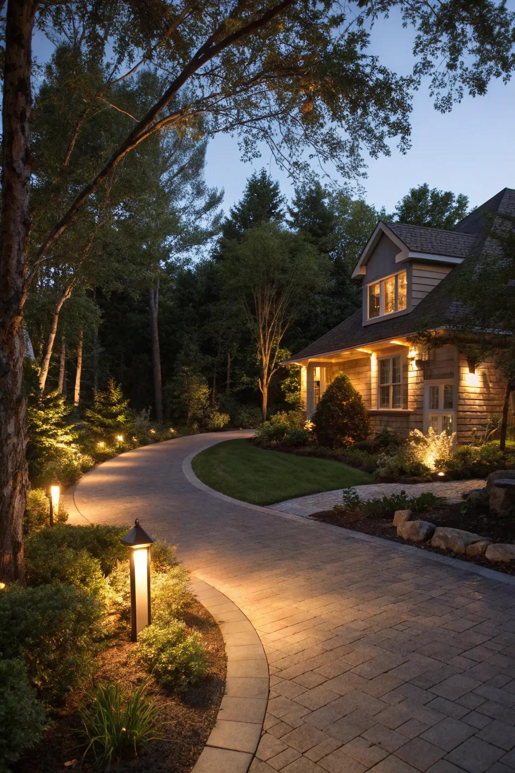 Soft accent lighting creating a welcoming atmosphere around a driveway.