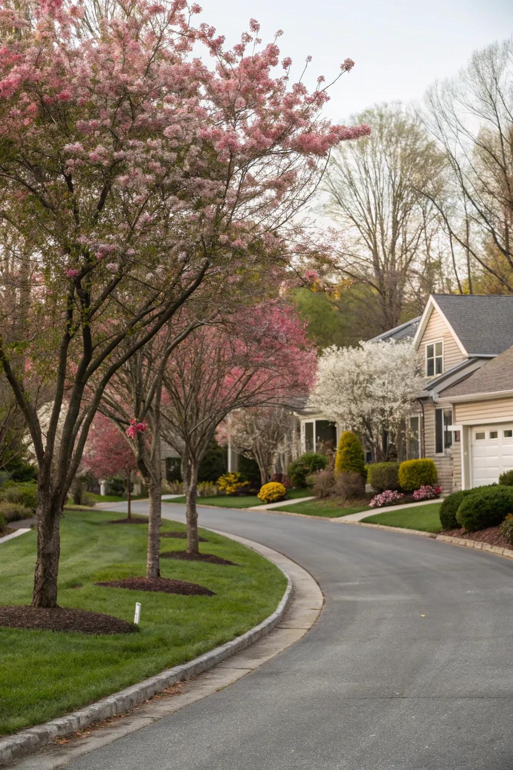 Ornamental trees adding height and seasonal color to a driveway.