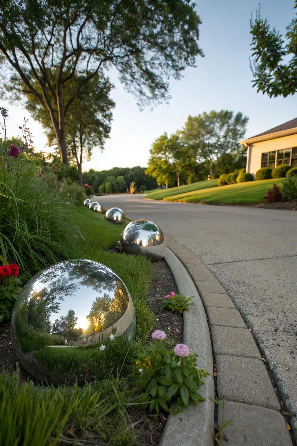 Reflective garden spheres creating a sense of depth and whimsy.