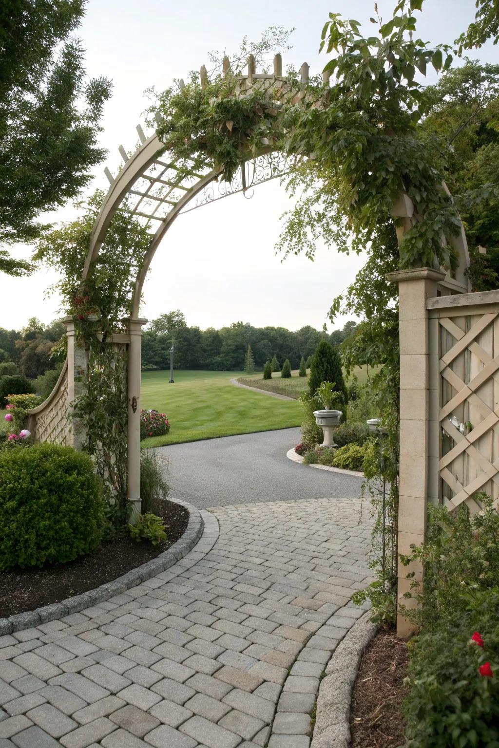 A charming archway inviting visitors into the driveway.