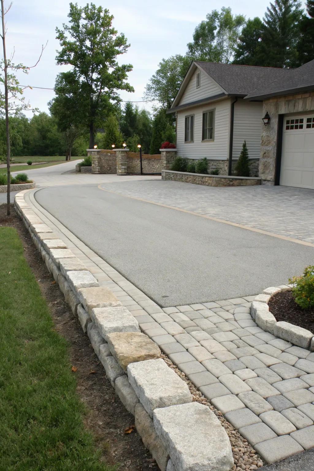 Natural stone borders neatly outlining a driveway corner.