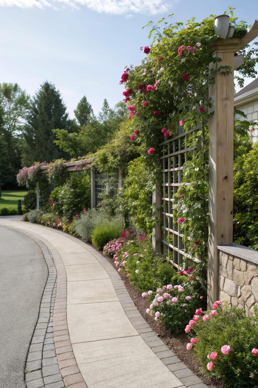 Vertical garden walls adding lush greenery along driveway edges.
