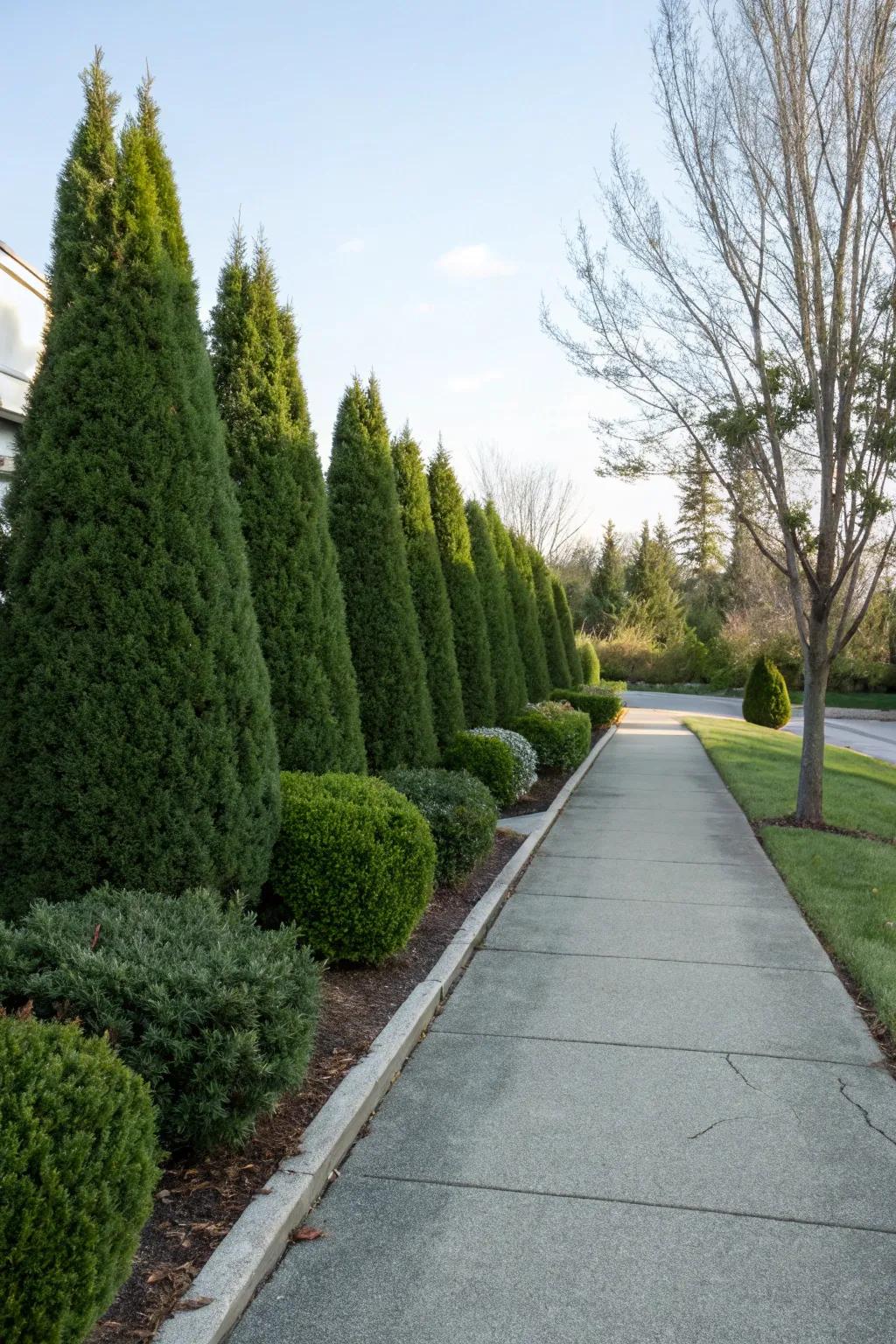 Evergreen shrubs providing a neat and polished look to driveway corners.