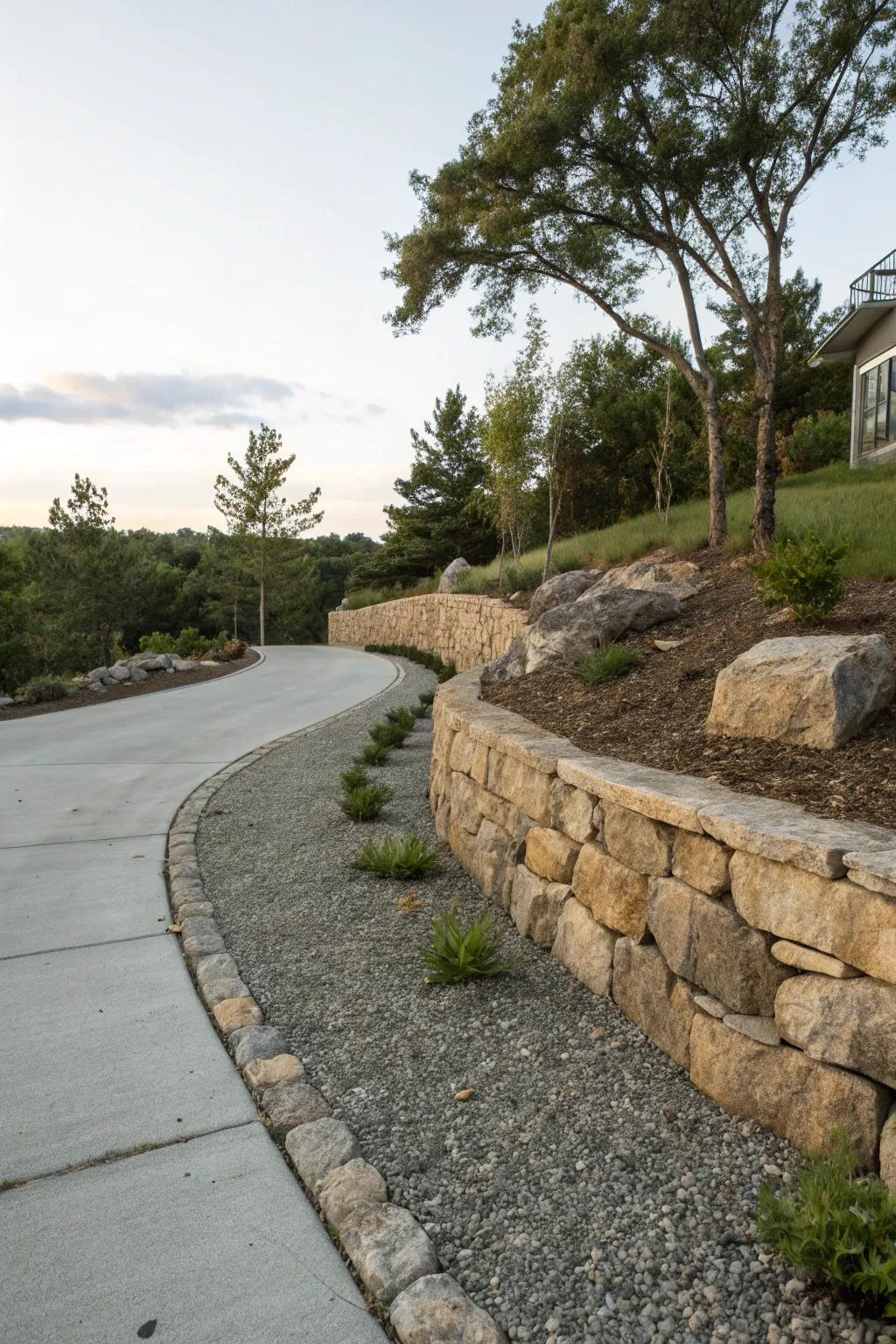 Natural stone retaining wall adding texture and dimension.