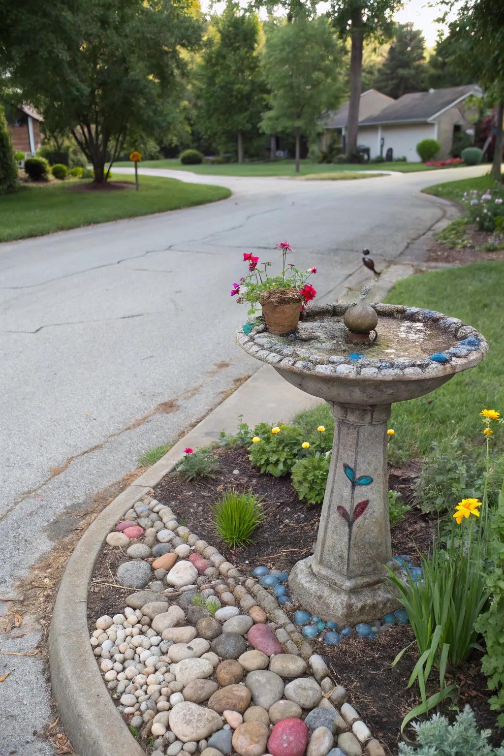 A delightful birdbath inviting birds and enhancing garden beauty.