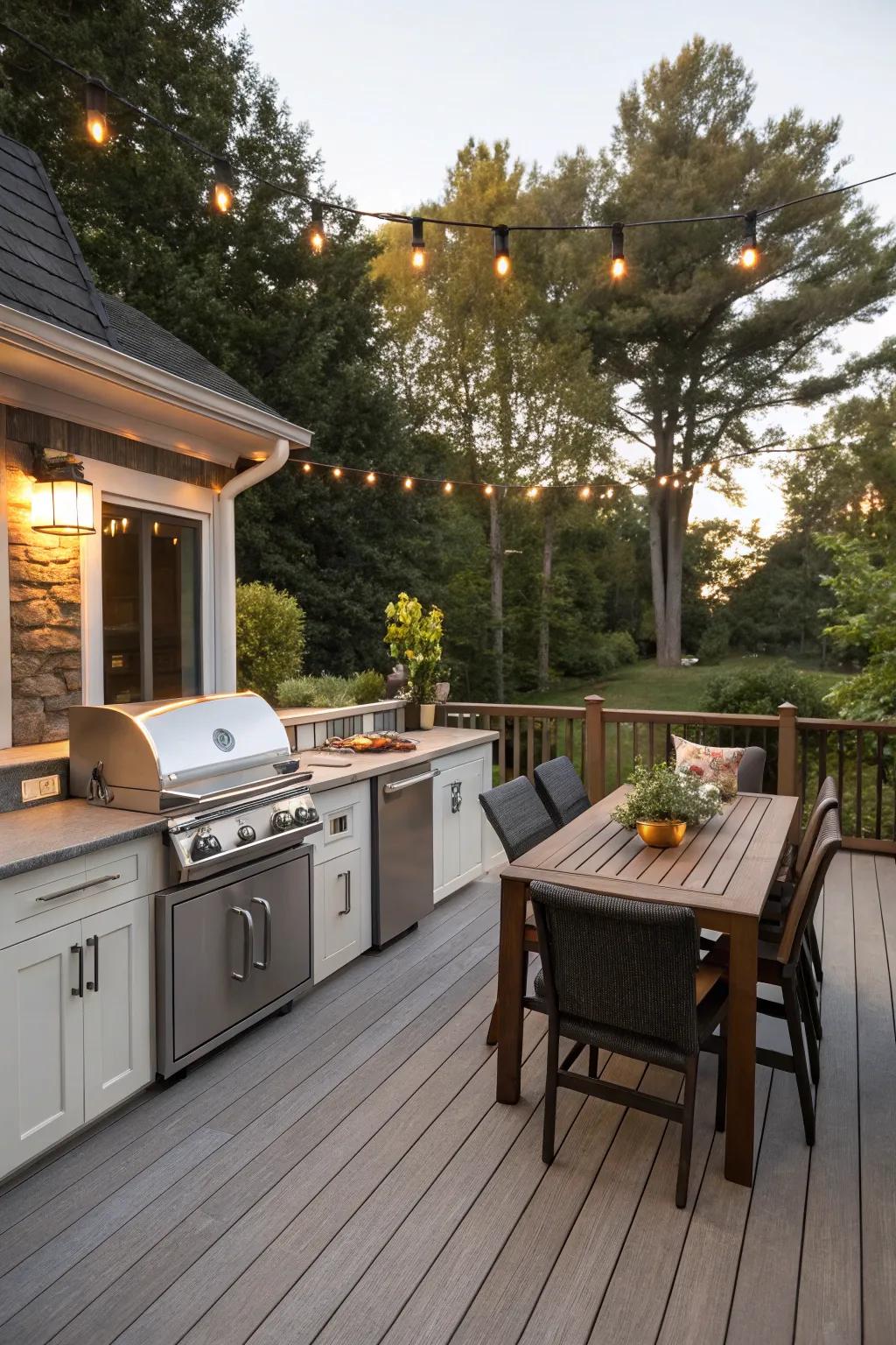 An outdoor kitchen turns the deck into a lively culinary space.