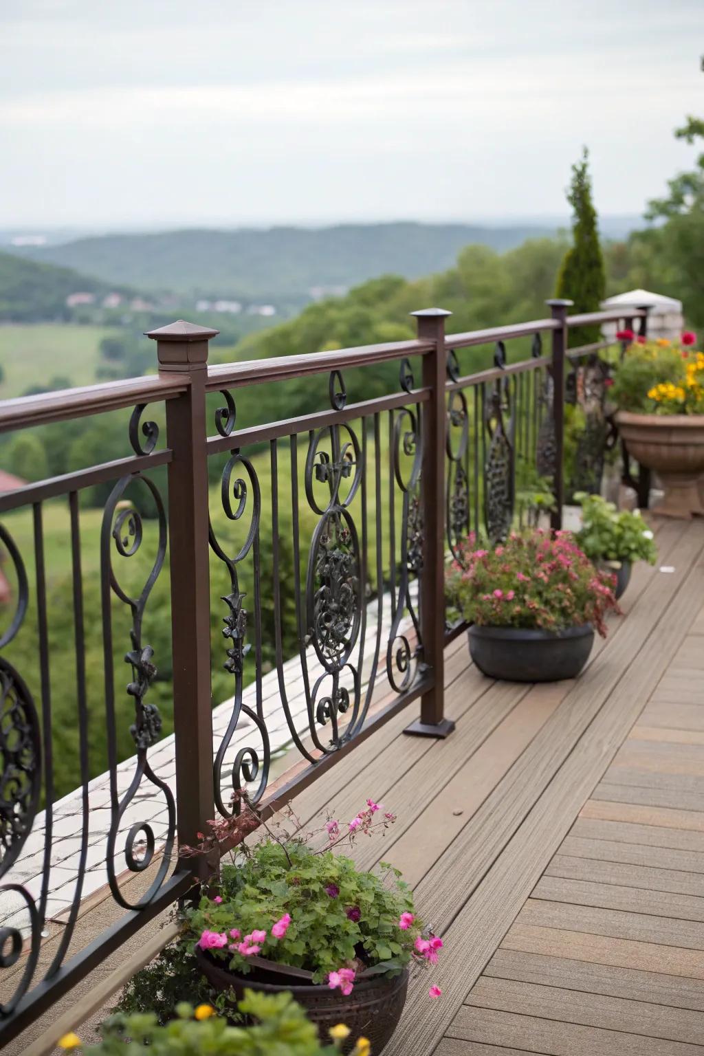 Intricately crafted railings add sophistication and charm to this deck.