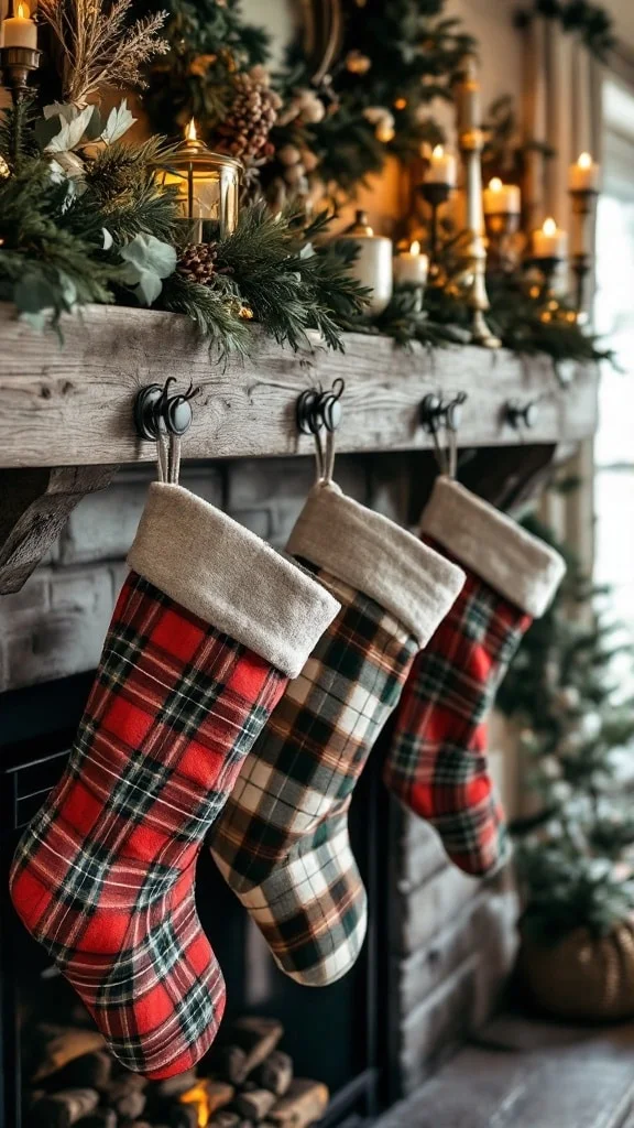 Flannel Stockings for a Lodge-Inspired Mantel Display