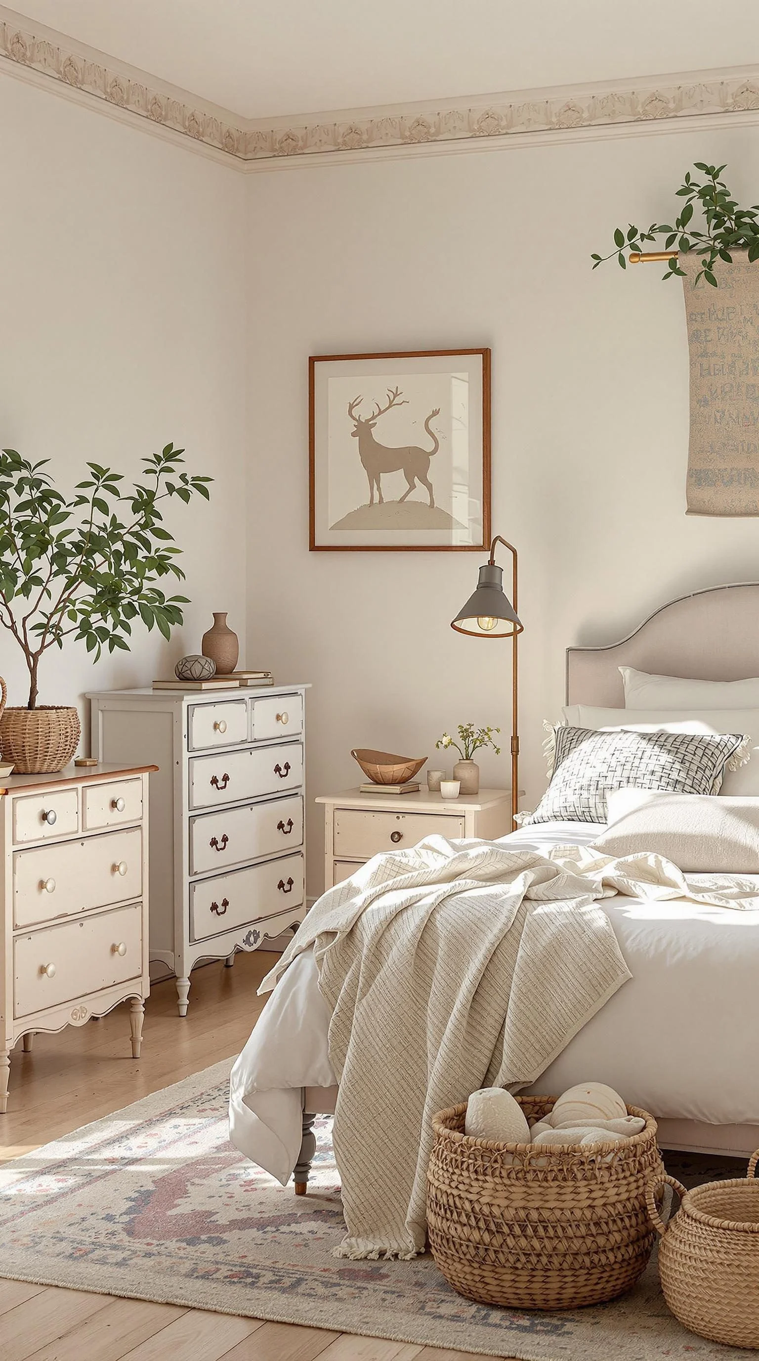 A cozy bedroom featuring warm neutral colors, vintage furniture, and decorative accents.