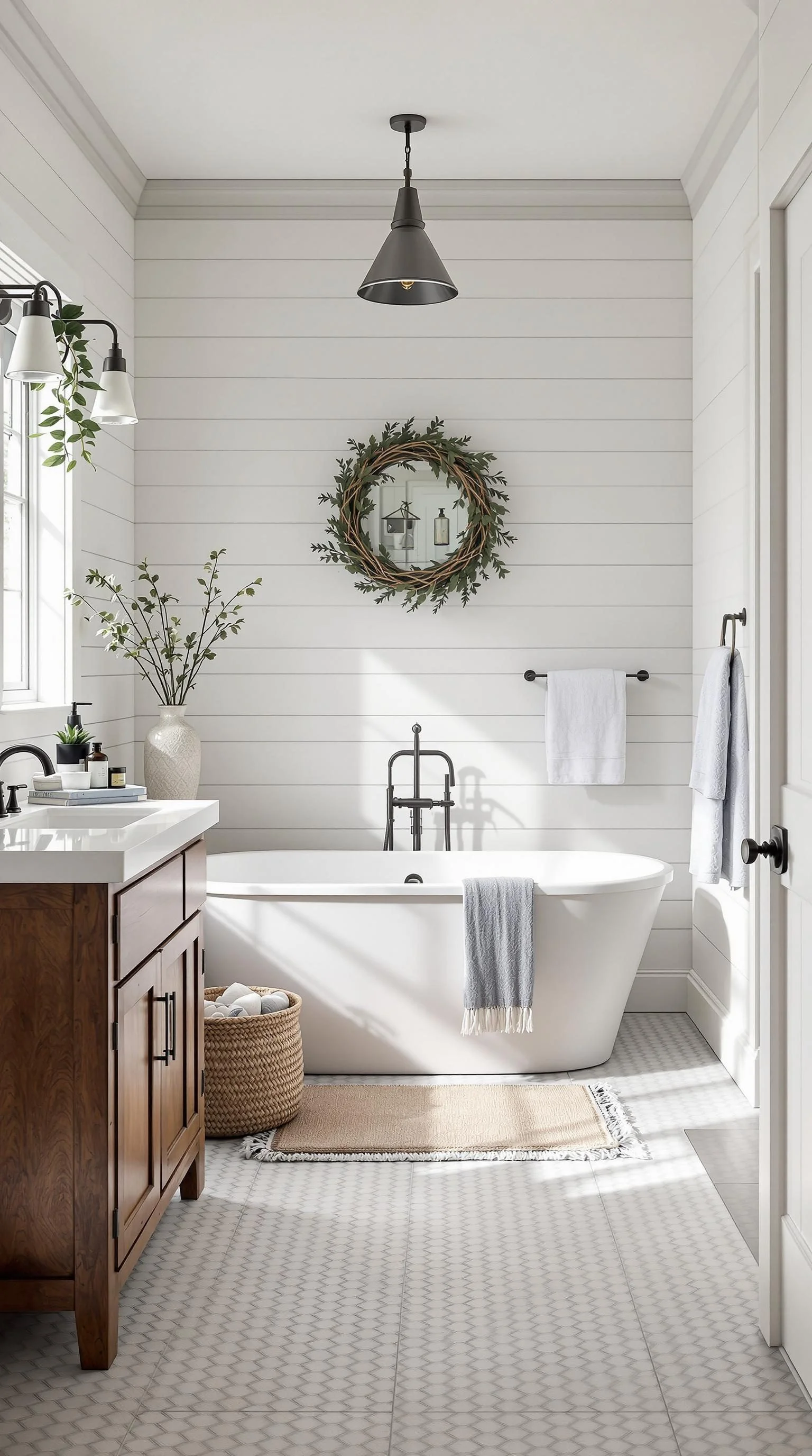 Elegant bathroom featuring shiplap walls, a freestanding tub, and wooden accents.