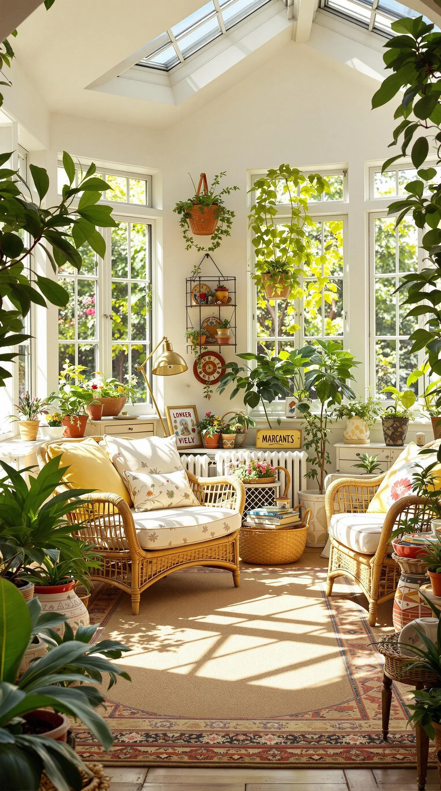 A bright sunroom filled with greenery, vintage decor, and cozy seating.