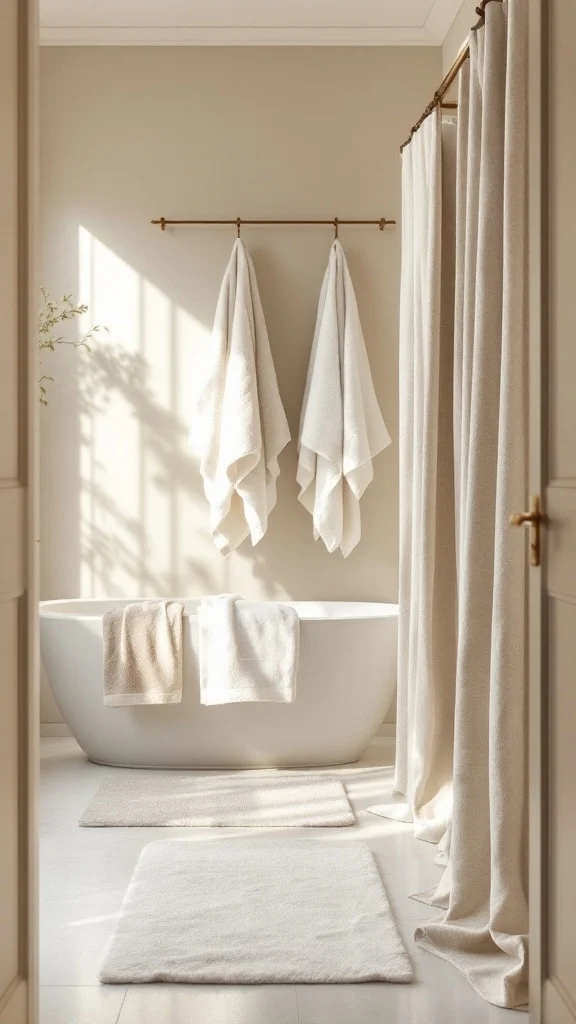 Layered neutral textiles in bathroom