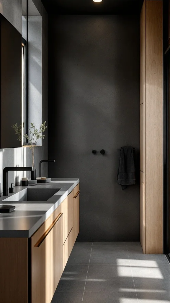 Matte black fixtures with warm wood cabinetry