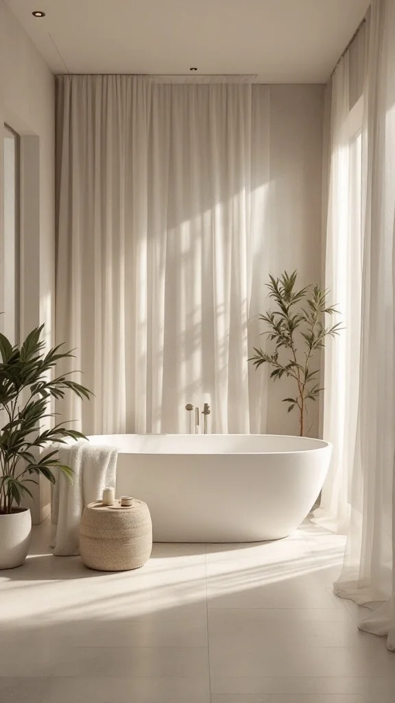 Bathroom with natural light and sheer curtains