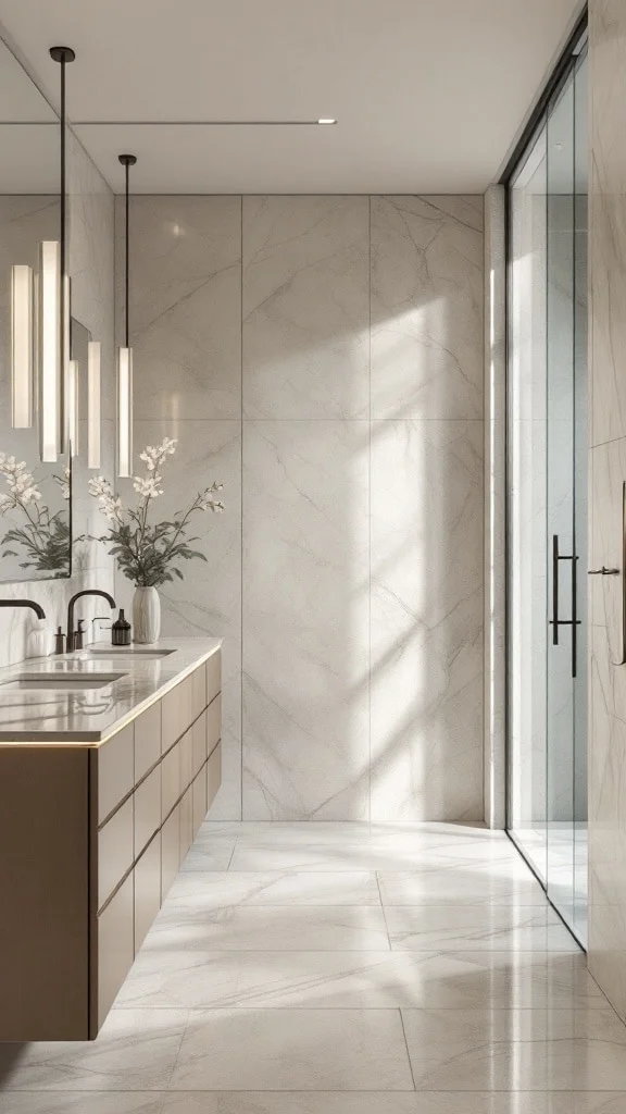 Layered stone finishes in bathroom