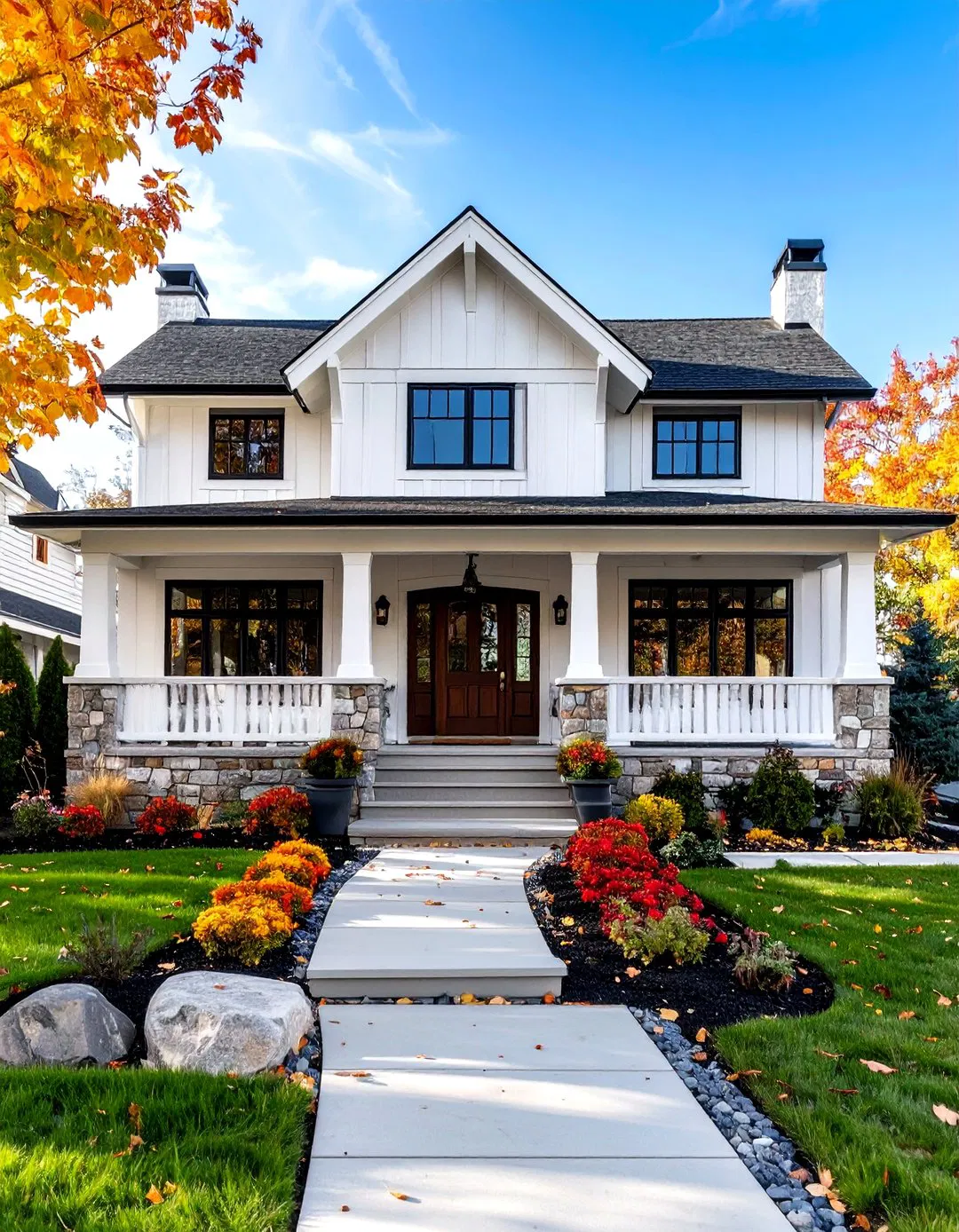 Tudor Revival White and Stone Combination - 24 White Siding House Designs