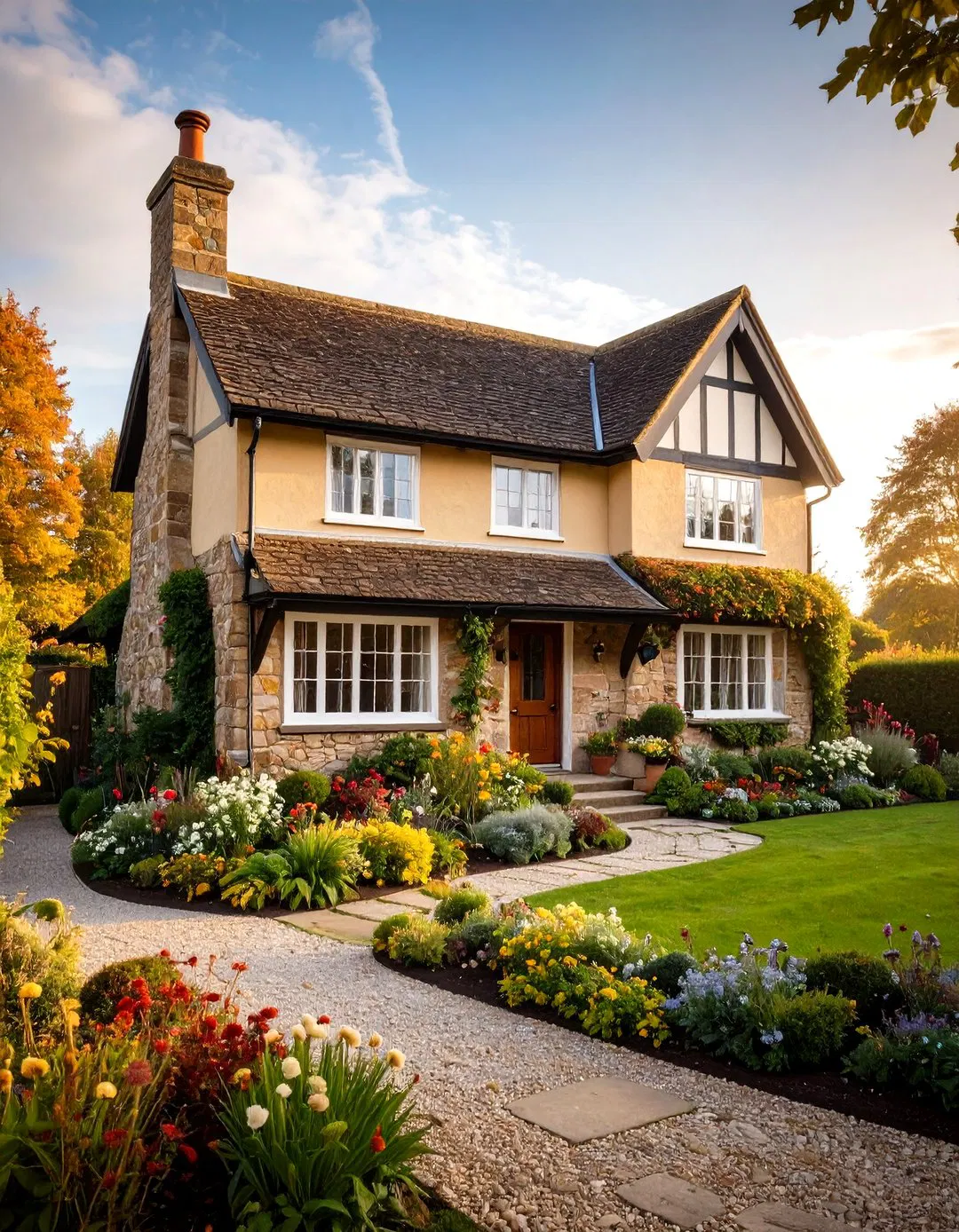English Cottage White and Natural Stone - 24 White Siding House Designs