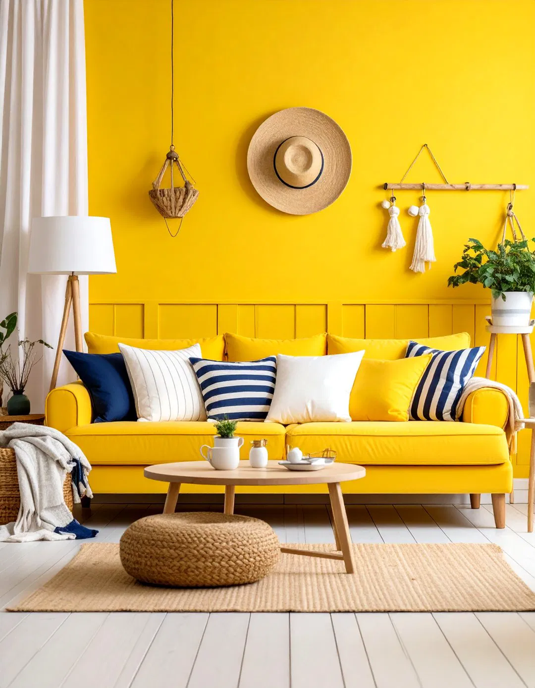 Lemon Yellow and Navy Blue Living Room