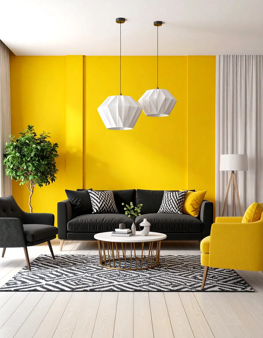 Bright Yellow and Black Contemporary Living Room