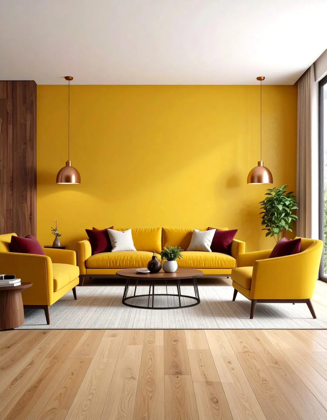 Amber Yellow Living Room with Copper Accents