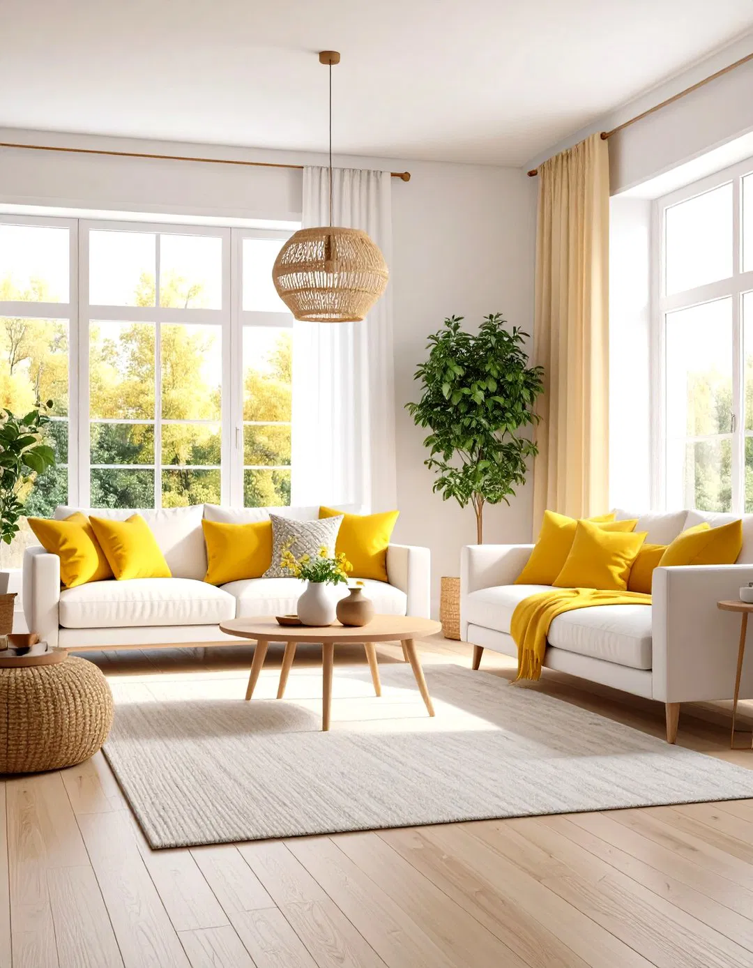 Canary Yellow and White Scandinavian Living Room
