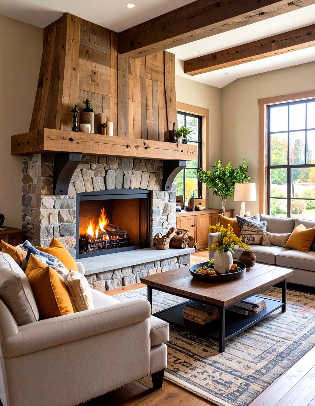 Barn Beam Mantel with Iron Corbels